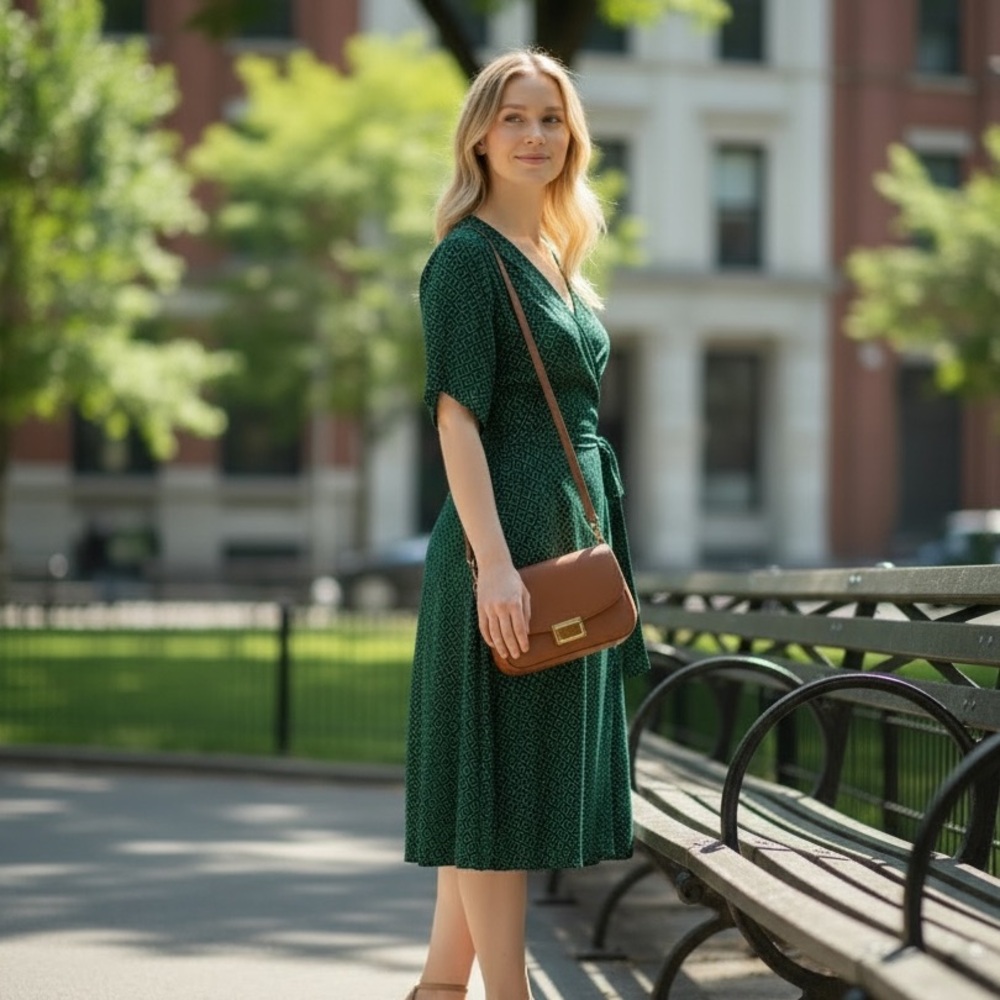 Ann Taylor Green Wrap Midi Dress Women M
